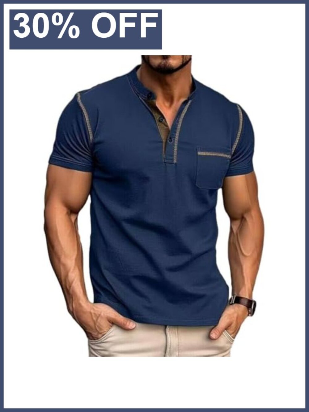 Mens Henley Shirt Button Cotton Casual Short Sleeve T-Shirt
